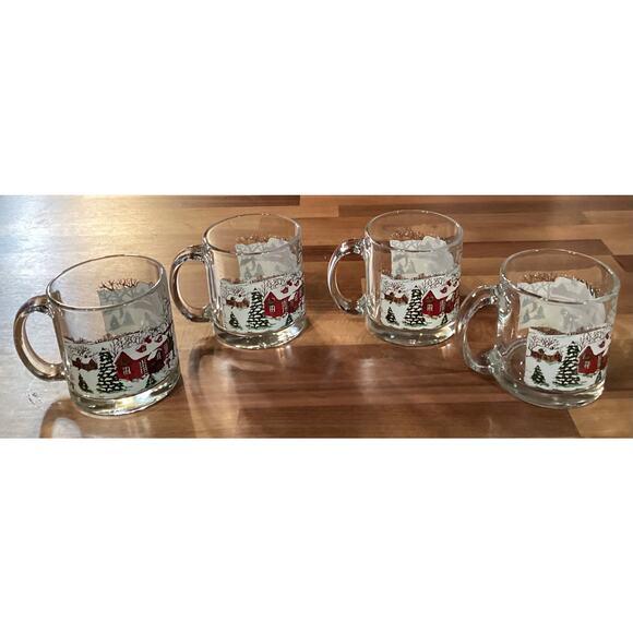 Vintage Set Of 4 Libbey Currier & Ives Christmas Glass Mugs Winter Snow Scene - Picture 7 of 11
